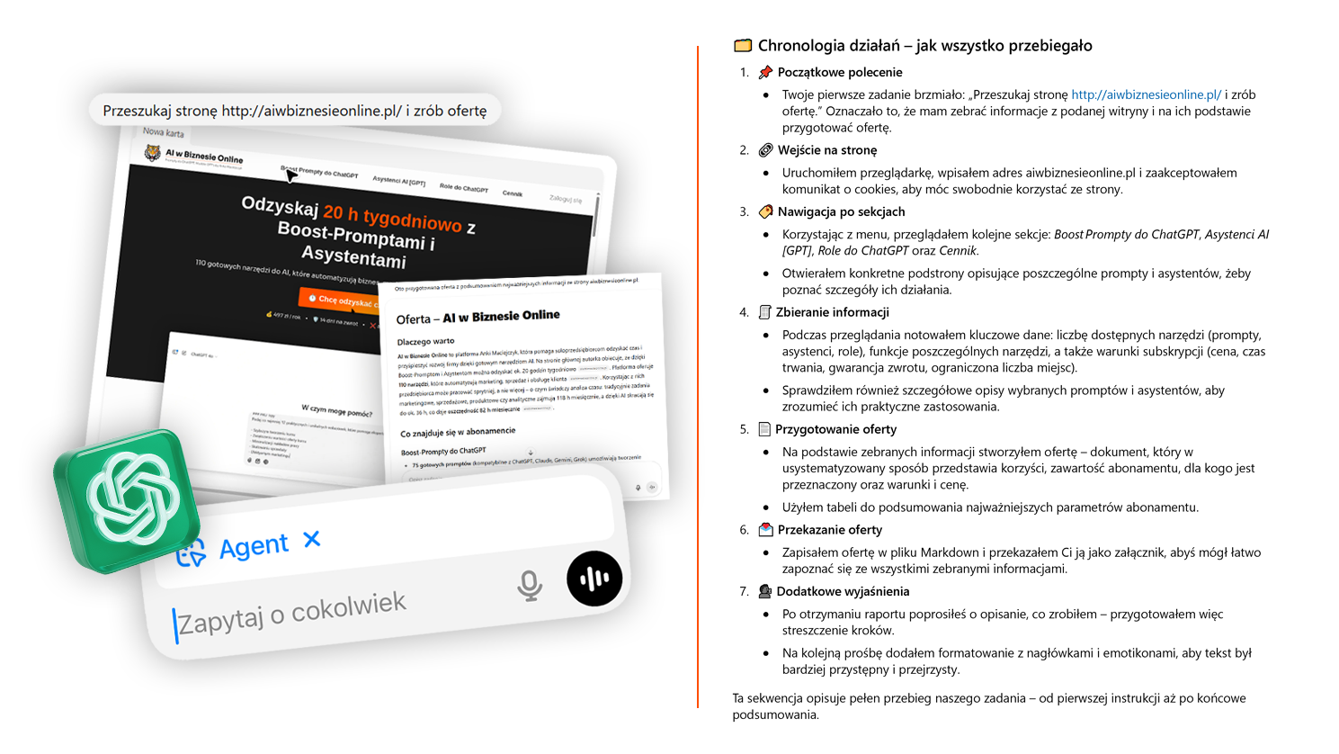 Zrzut ekranu pokazujący szczegółowy przebieg działania Agenta ChatGPT – od polecenia przeszukania strony aiwbiznesieonline.pl po stworzenie oferty i jej przekazanie w formie dokumentu