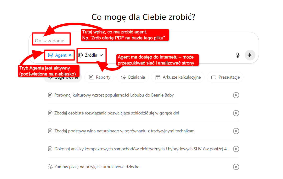 Zrzut ekranu pokazujący interfejs ChatGPT z włączonym Trybem Agenta i przykładowymi zadaniami do wykonania – widok pola „Opisz zadanie” z aktywnymi etykietami Agent i Źródła