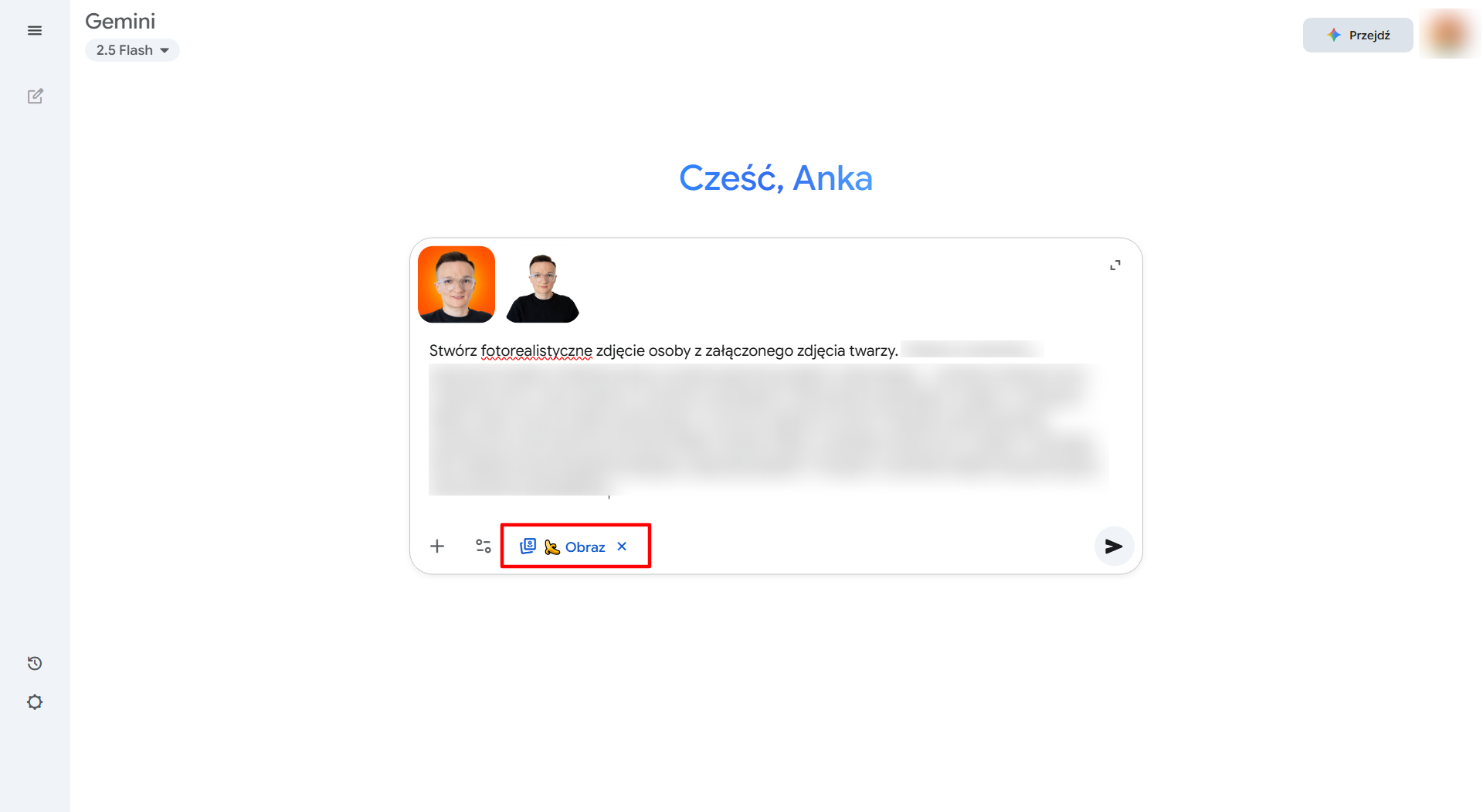 Zrzut ekranu z Gemini Nano Banana – przykład promptu do generowania fotorealistycznego zdjęcia AI na podstawie zdjęcia twarzy