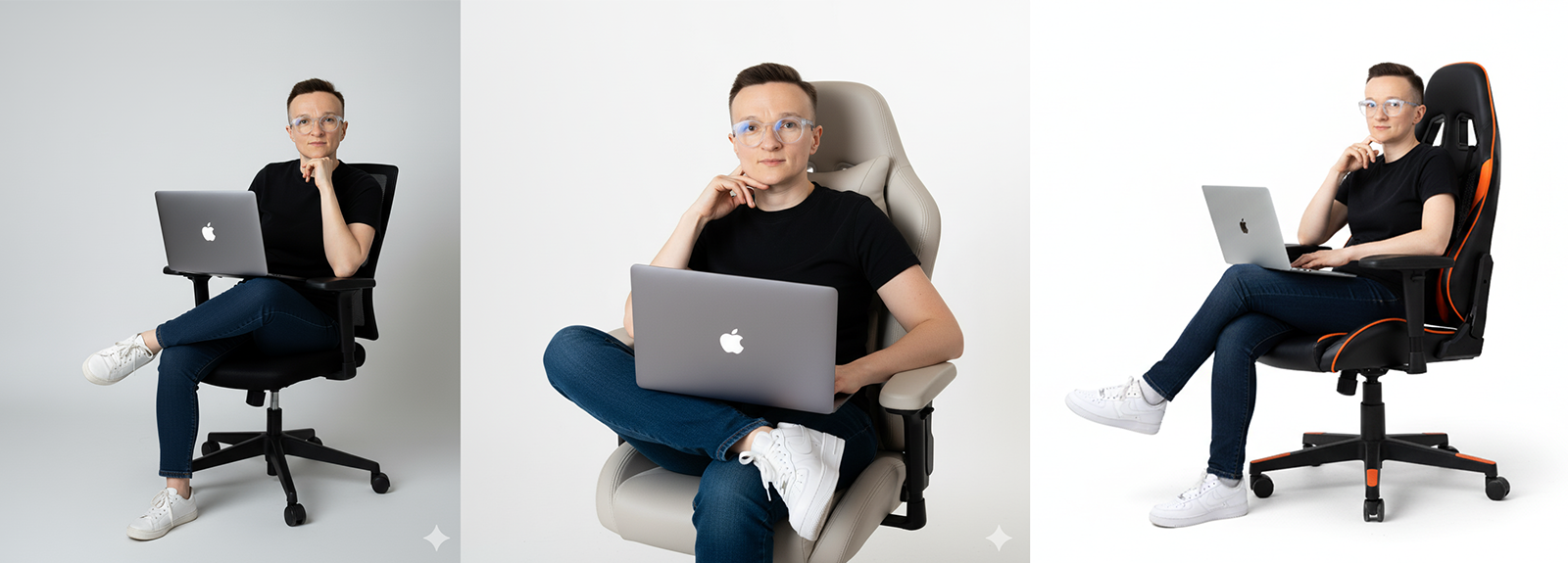 Osoba siedząca na różnych fotelach biurowych z laptopem Apple – przykładowe portrety biznesowe, które można wygenerować w Gemini Nano Banana