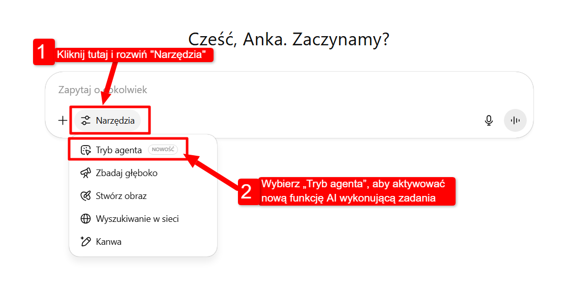 Zrzut ekranu pokazujący, jak włączyć Tryb Agent ChatGPT w Polsce w 2025 roku – menu narzędzi GPT-4o z opcją aktywacji Agenta